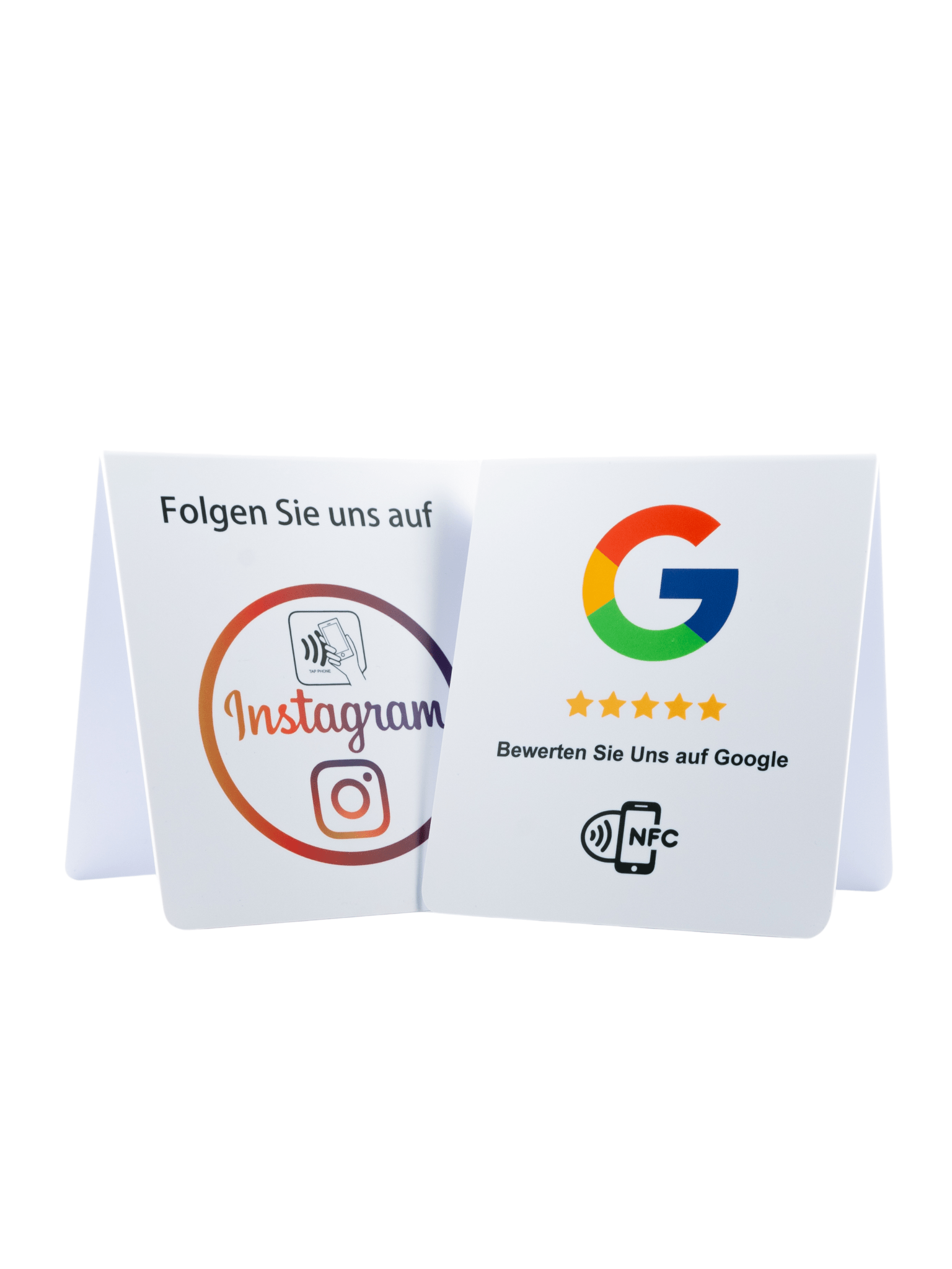 Doppelseitiger NFC - Aufsteller für mehr Google Bewertungen und Instagram - Follower - Custom Ratings